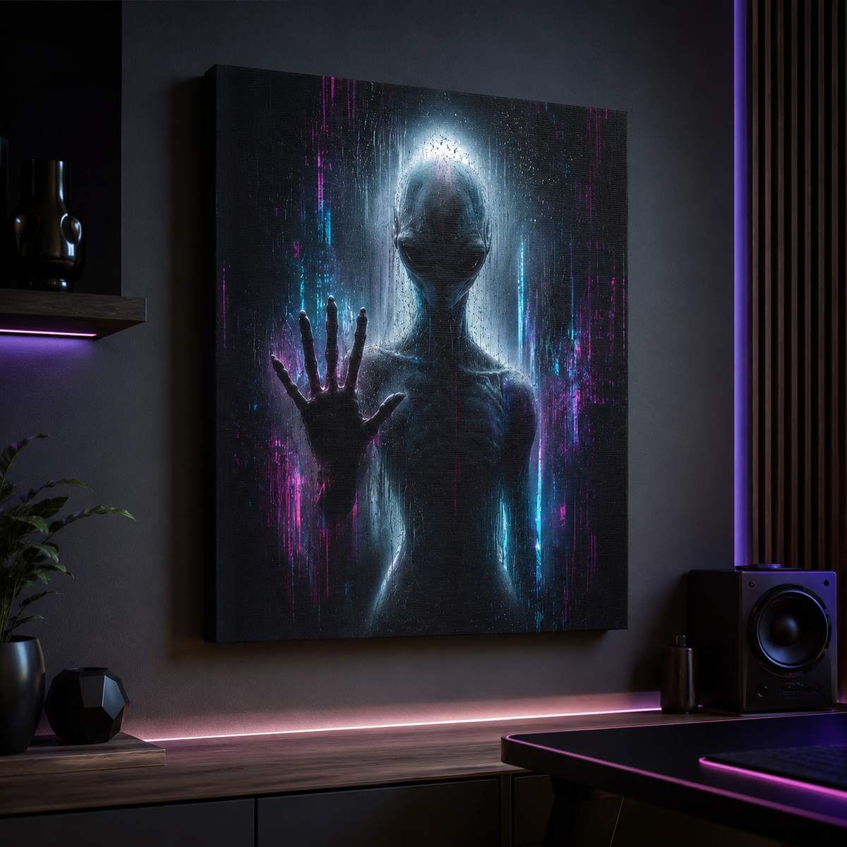 Alien Encounter dark first contact canvas wall art, GLITCHED