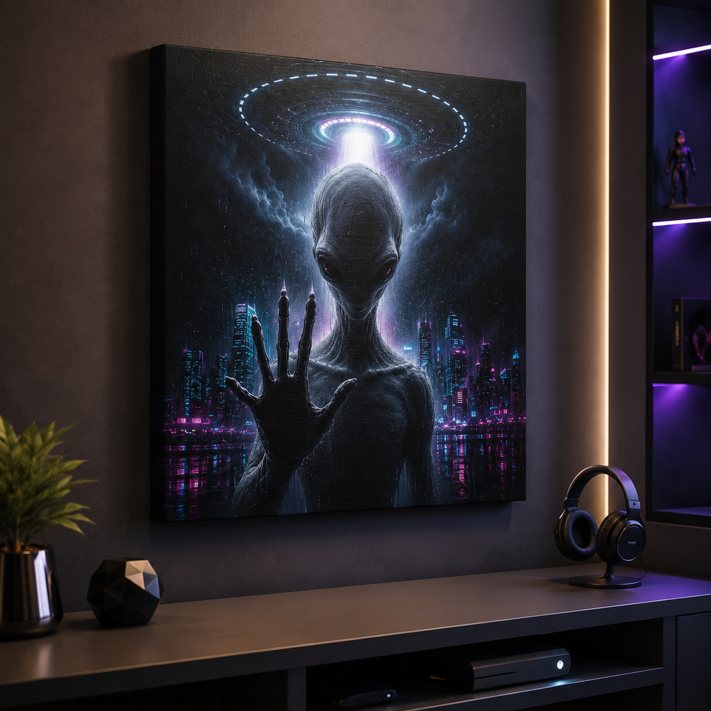 Alien Visitor Canvas | GLITCHED First Contact UFO Wall Art