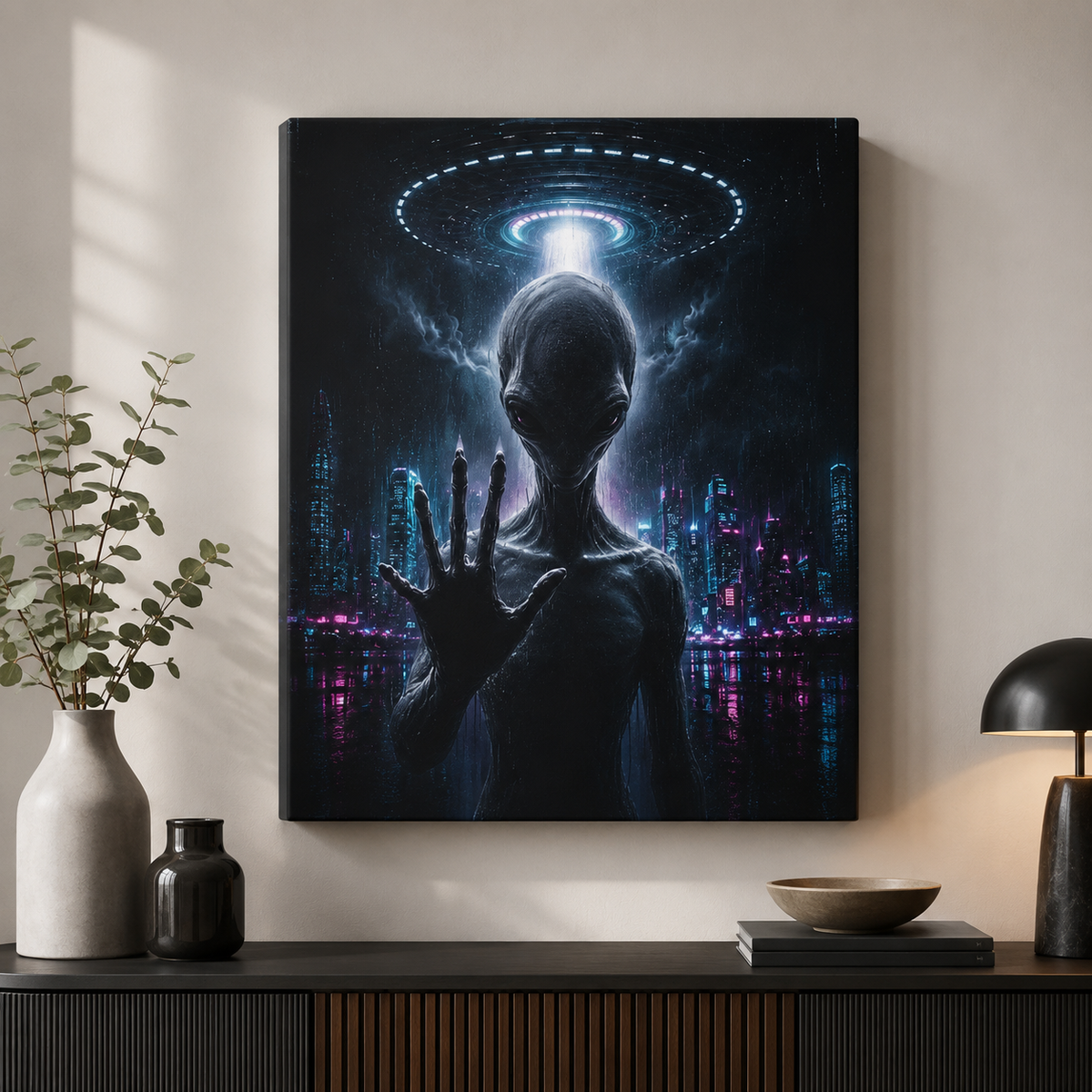 Alien Visitor first contact UFO canvas wall art, GLITCHED