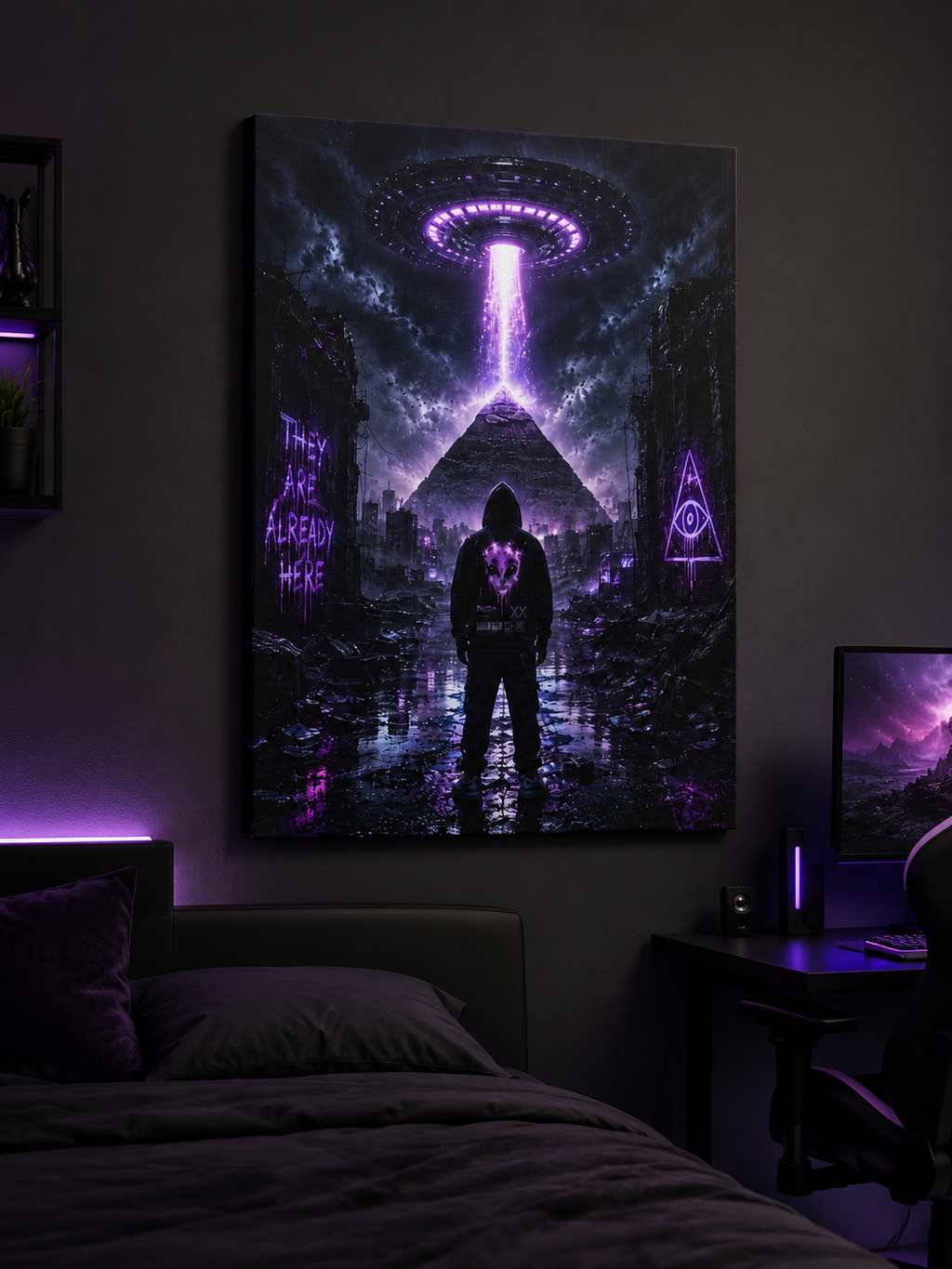 They Are Already Here UFO pyramid canvas wall art, GLITCHED