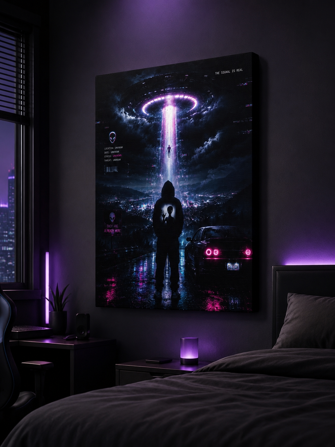 UFO Signal alien abduction canvas wall art, GLITCHED
